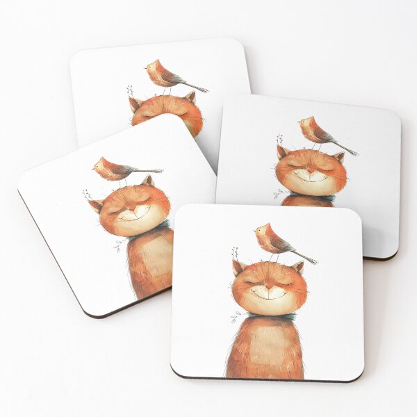 Item preview, Cute Playful Cat with Robin Whimsical Illustration designed and sold by EmiBarDesign.