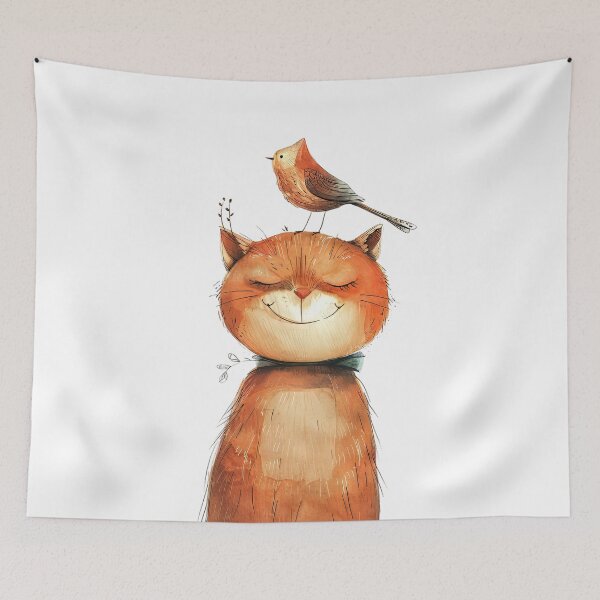 Item preview, Cute Playful Cat with Robin Whimsical Illustration designed and sold by EmiBarDesign.