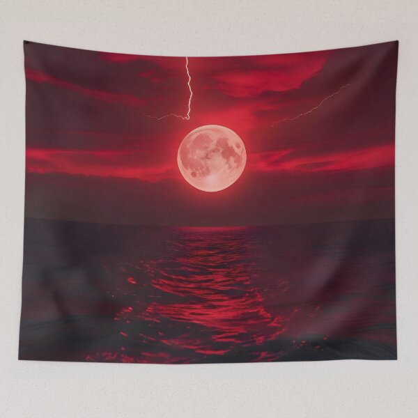 Item preview, Blood Moon Over the Ocean – Dark Red Sky with Lightning & Moon Reflection designed and sold by A L O N E.