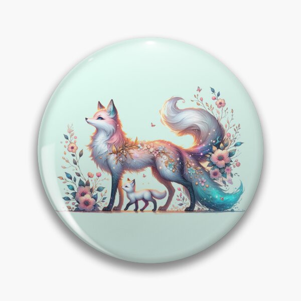 Item preview, Mystical Fox Kitsune with Baby and Pastel Floral Decorations designed and sold by 2ndSketch.