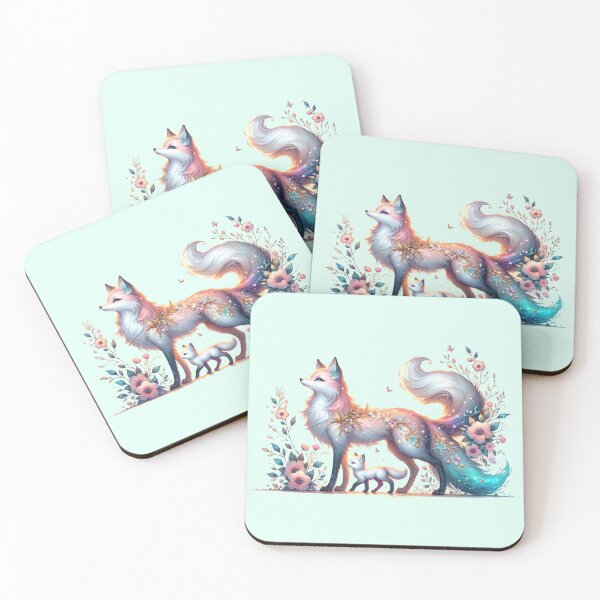 Item preview, Mystical Fox Kitsune with Baby and Pastel Floral Decorations designed and sold by 2ndSketch.