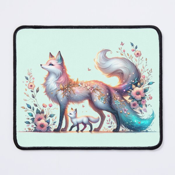 Item preview, Mystical Fox Kitsune with Baby and Pastel Floral Decorations designed and sold by 2ndSketch.
