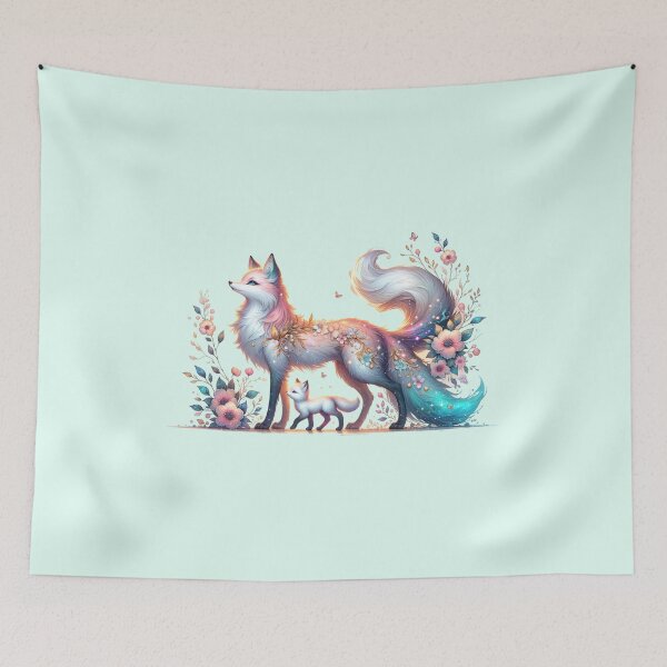 Item preview, Mystical Fox Kitsune with Baby and Pastel Floral Decorations designed and sold by 2ndSketch.