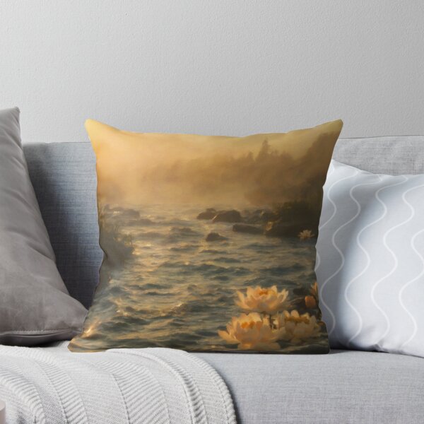 Aperçu de l'œuvre Rivière au coucher du soleil doré avec des nénuphars – Peinture de la nature sereine créée et vendue par Zeph1.