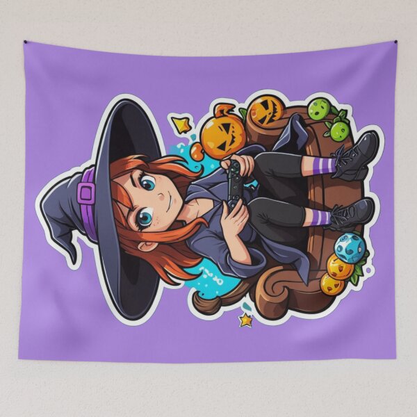 Item preview, Gamer Girl Witch Hat Robes Red Hair Halloween Pumpkins Black Purple Orange Spooky Season Video Games designed and sold by SteamParliament.
