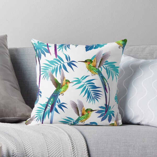 Tropical Birds Fly In Aqua Palm Leaves Throw Pillow