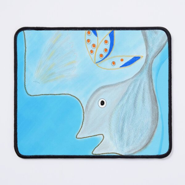 Item preview, A whimsical composition features a large eye, a fish, and abstract shapes on a blue background. designed and sold by Mabocoh.