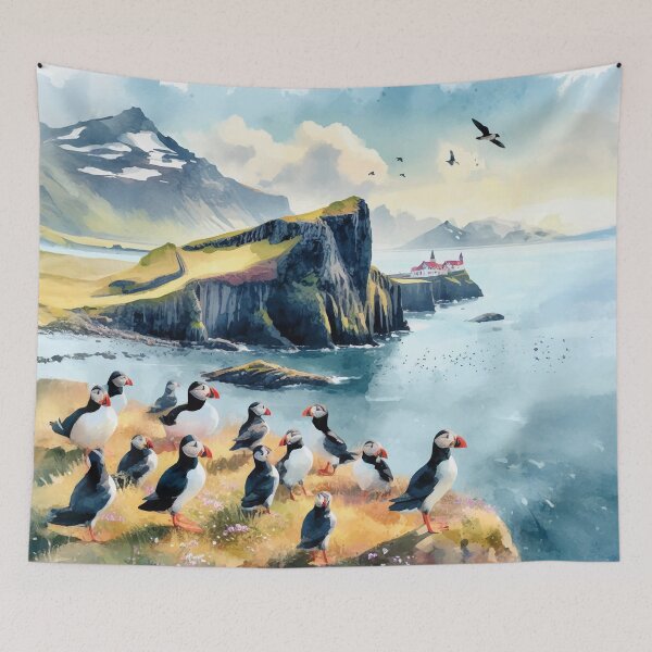 Item preview, Vik Iceland Puffins Watercolor Art Print designed and sold by Magnolia Valley Art.