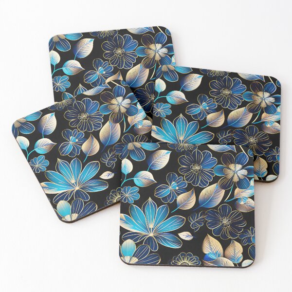 Item preview, Whimsical Floral Pattern in Hues of Turquoise and Indigo on a Black Background designed and sold by Juliette Ozkalfayan.