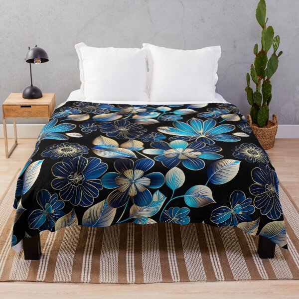 Item preview, Whimsical Floral Pattern in Hues of Turquoise and Indigo on a Black Background designed and sold by Juliette Ozkalfayan.