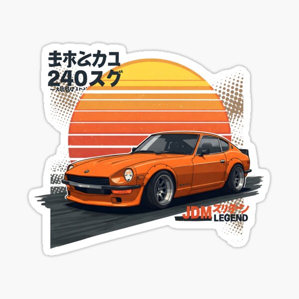 Vista previa del artículo con la obra «Ilustración del Datsun 240Z en color naranja atardecer», diseñado y vendido por justchilldesign.