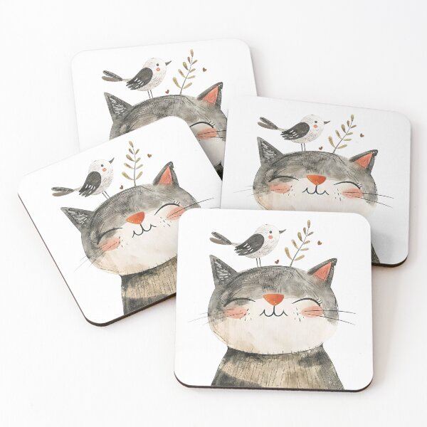 Item preview, Peaceful Joyful Cat and Bird - Whimsical Illustration designed and sold by EmiBarDesign.