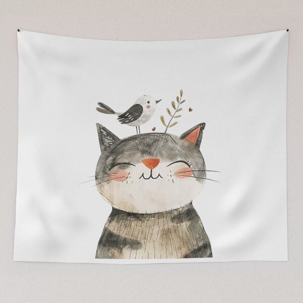 Item preview, Peaceful Joyful Cat and Bird - Whimsical Illustration designed and sold by EmiBarDesign.