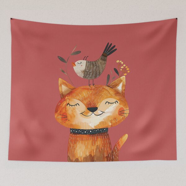 Item preview, Peaceful Joyful Cat and Autumn Bird - Whimsical Illustration designed and sold by EmiBarDesign.