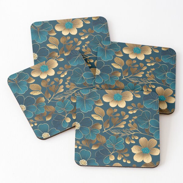 Item preview, Elegant Monochromatic Teal and Gold Floral Pattern in a Flawless Repeat designed and sold by Juliette Ozkalfayan.