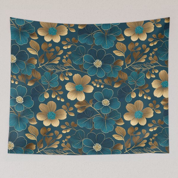 Item preview, Elegant Monochromatic Teal and Gold Floral Pattern in a Flawless Repeat designed and sold by Juliette Ozkalfayan.