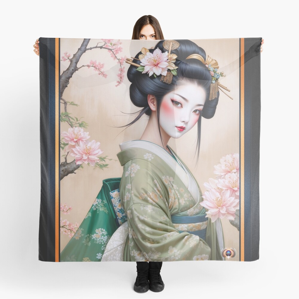 The Graceful Yukiko Himawari, A Stunning Portrait Of A Timeless Beauty Gorgeous AI Concept Art by Xzendor7 Decorative Art Print Ladies Scarf