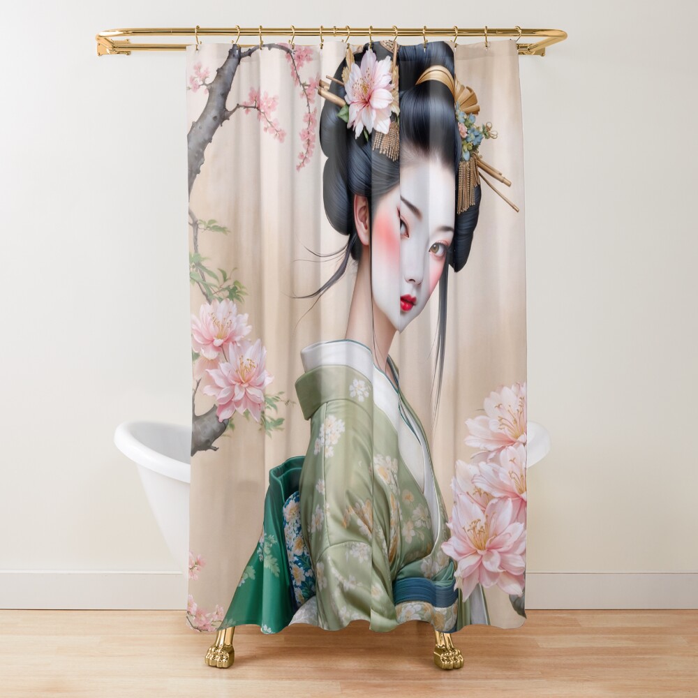 The Graceful Yukiko Himawari, A Stunning Portrait Of A Timeless Beauty Gorgeous AI Concept Art by Xzendor7 Decorative Art Print Shower Curtain