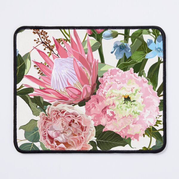 Item preview, Seamless floral pattern with pink glossy protea, rose flowers, eustoma and tropical leaves. designed and sold by MatyKotiv.