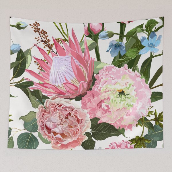 Item preview, Seamless floral pattern with pink glossy protea, rose flowers, eustoma and tropical leaves. designed and sold by MatyKotiv.