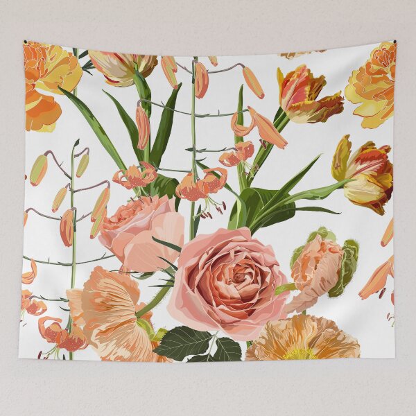 Item preview, Seamless floral pattern with orange glossy lilies flowers, tulips, roses and leaves. designed and sold by MatyKotiv.