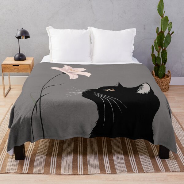 Item preview, Elegant Black Cat Looking at a Flower – Minimalist Cat Art designed and sold by UniversalFlair.