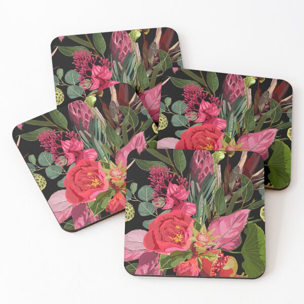 Item preview, Seamless floral pattern with pink red glossy protea and tropical flowers, leaves. designed and sold by MatyKotiv.