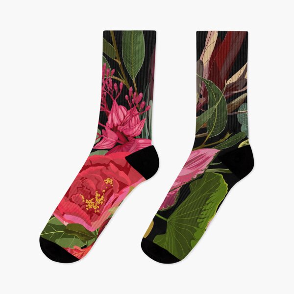 Item preview, Seamless floral pattern with pink red glossy protea and tropical flowers, leaves. designed and sold by MatyKotiv.