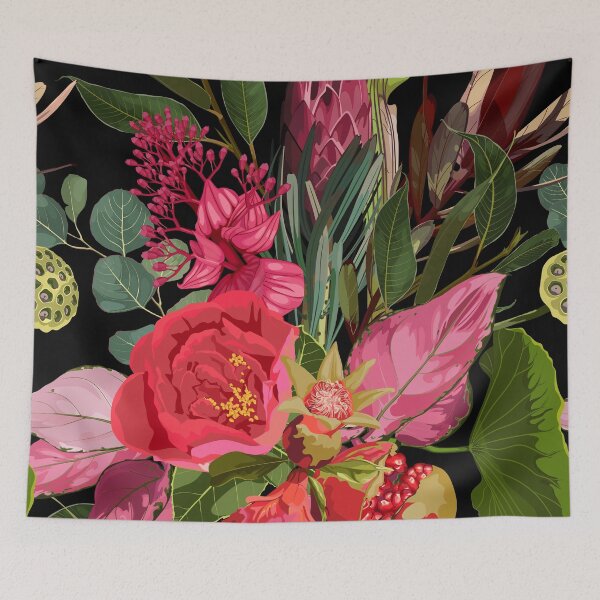 Item preview, Seamless floral pattern with pink red glossy protea and tropical flowers, leaves. designed and sold by MatyKotiv.