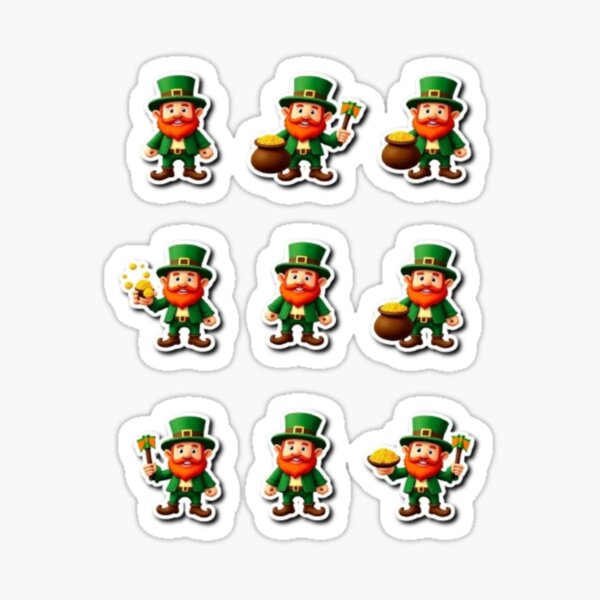Artikel-Vorschau von St. Patrick's Day Neun Aufkleber Irische Kobolde, in grüner Kleidung, mit roten Bärten, mit Töpfen voller Gold, designt und verkauft von JaroDesign2023.