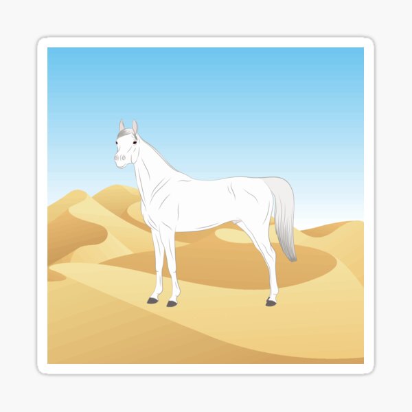 Aperçu de l'œuvre Cheval Abbayan, cheval blanc sur un fond de paysage, cheval oriental, races de chevaux du Yémen créée et vendue par WebEquitation®.
