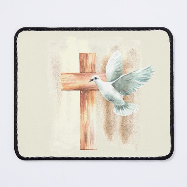 Item preview, White dove, wooden cross on watercolor spotted background. Flying bird pigeon. Religion print designed and sold by BartolArt.