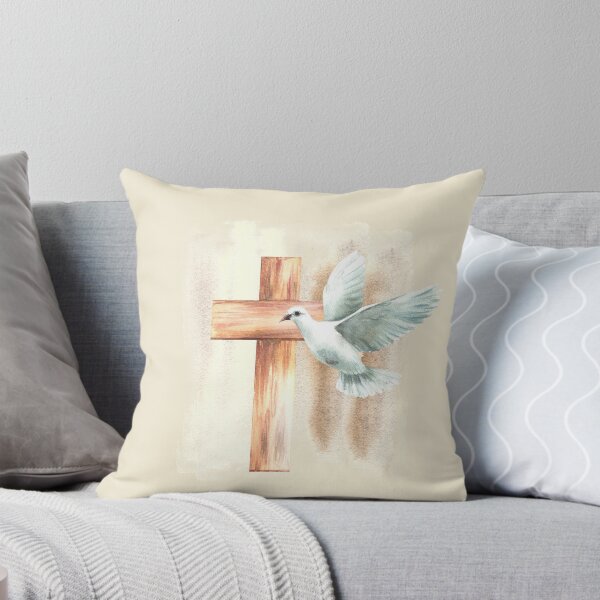 Item preview, White dove, wooden cross on watercolor spotted background. Flying bird pigeon. Religion print designed and sold by BartolArt.