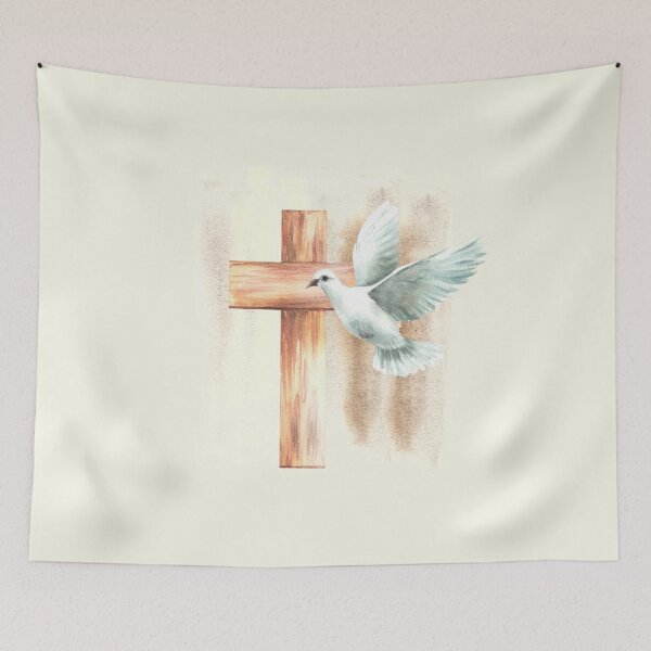 Item preview, White dove, wooden cross on watercolor spotted background. Flying bird pigeon. Religion print designed and sold by BartolArt.