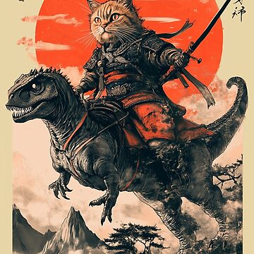 Artwork thumbnail, Samurai cat riding a dinosaur by TheSamuraiCat