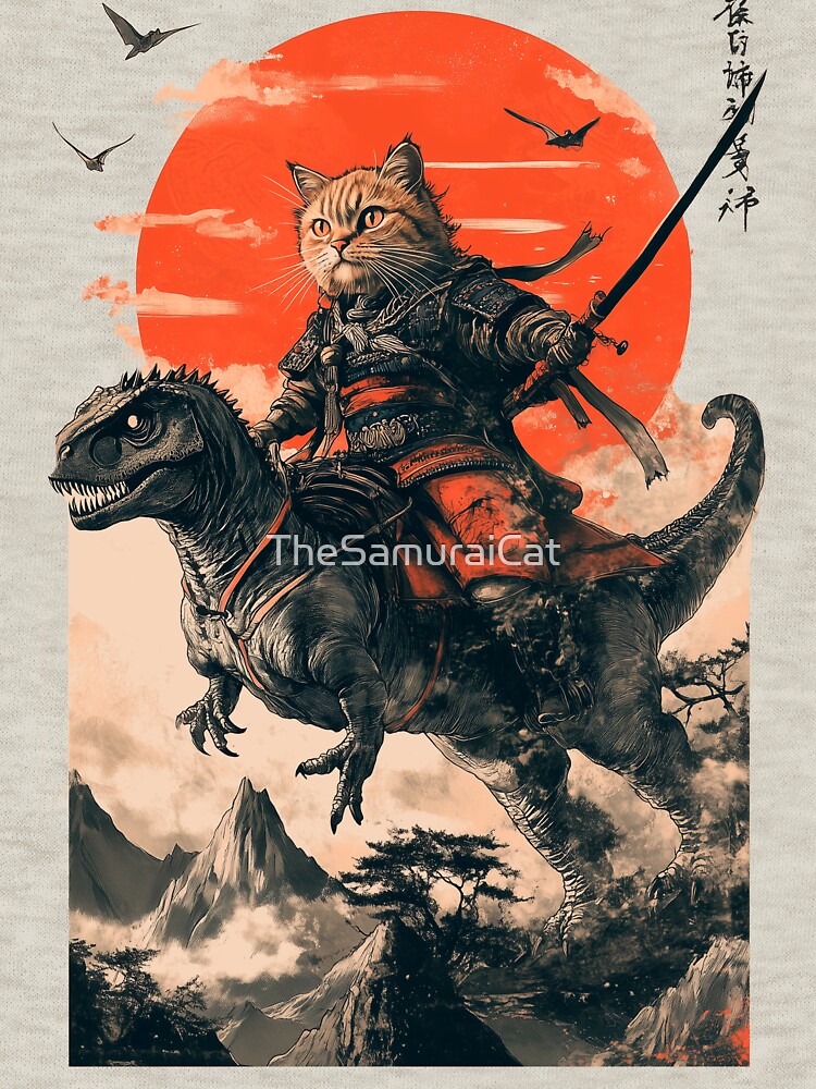 Thumbnail 7 of 7, Essential T-Shirt, Samurai cat riding a dinosaur designed and sold by TheSamuraiCat.