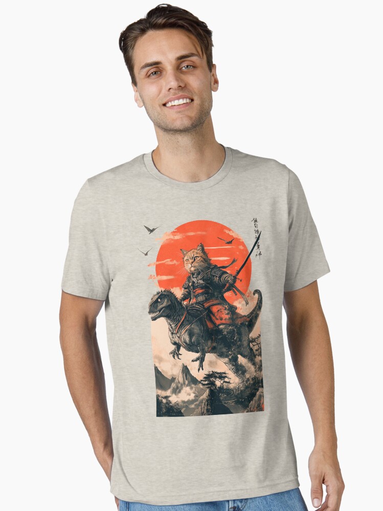 Thumbnail 1 of 7, Essential T-Shirt, Samurai cat riding a dinosaur designed and sold by TheSamuraiCat.
