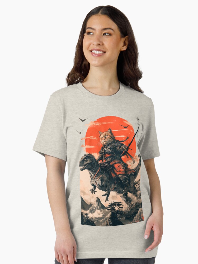 Thumbnail 2 of 7, Essential T-Shirt, Samurai cat riding a dinosaur designed and sold by TheSamuraiCat.