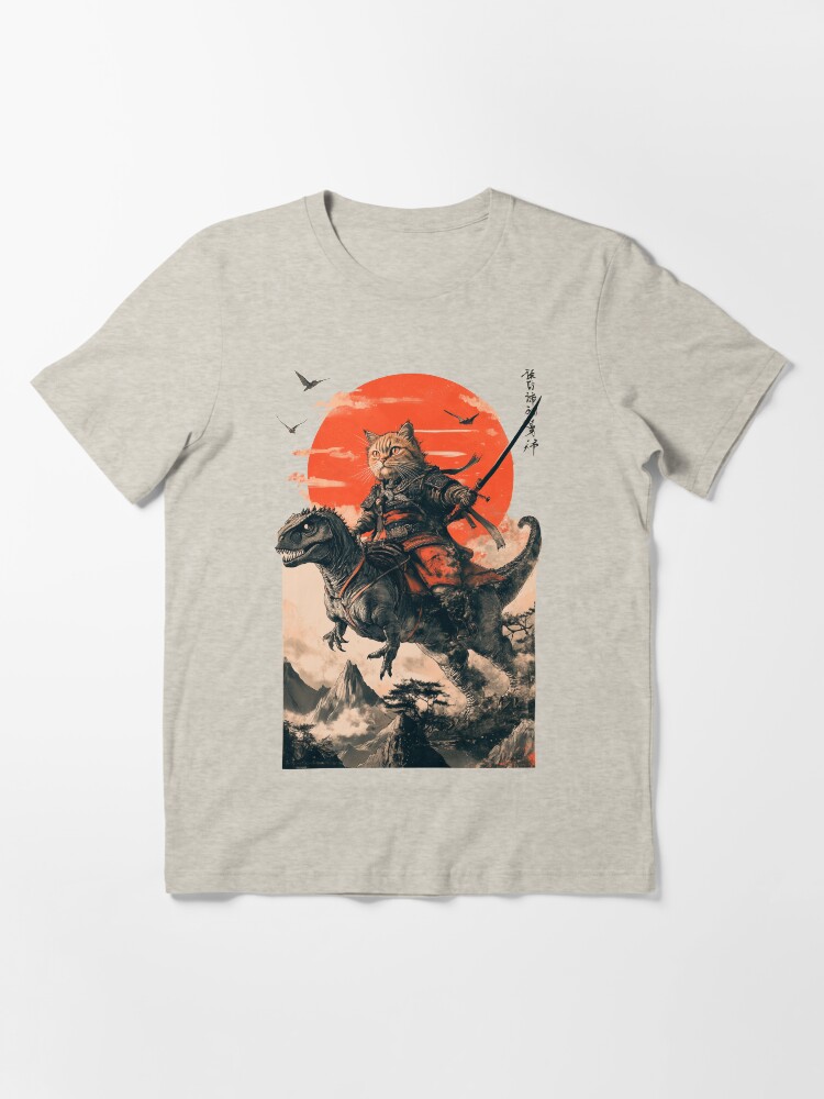 Thumbnail 3 of 7, Essential T-Shirt, Samurai cat riding a dinosaur designed and sold by TheSamuraiCat.