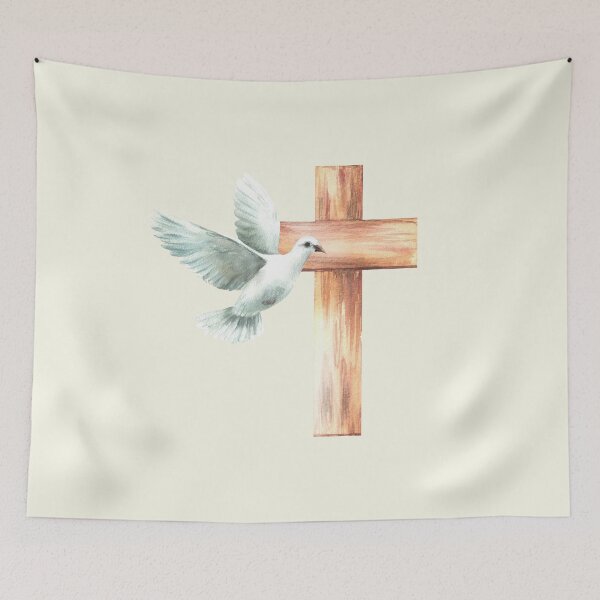 Item preview, White dove with wooden cross. Watercolor flying bird pigeon. Religion illustration designed and sold by BartolArt.