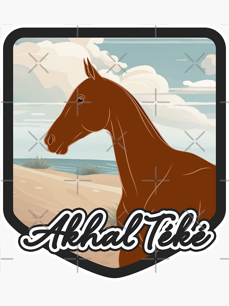 Aperçu 3 sur 3. Sticker avec l'œuvre Cheval Akhal Téké, blason et armoirie cheval alezan, cheval de selle, races de chevaux du Turkménistan créée et vendue par WebEquitation.