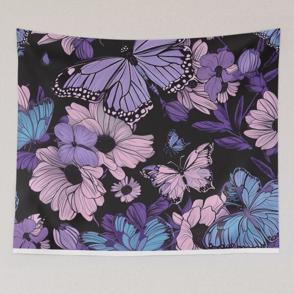 Item preview,  Black violet blue colorful floral butterfly pattern - whimsigoth dark cottagecore forestcore  designed and sold by cocomelon168.