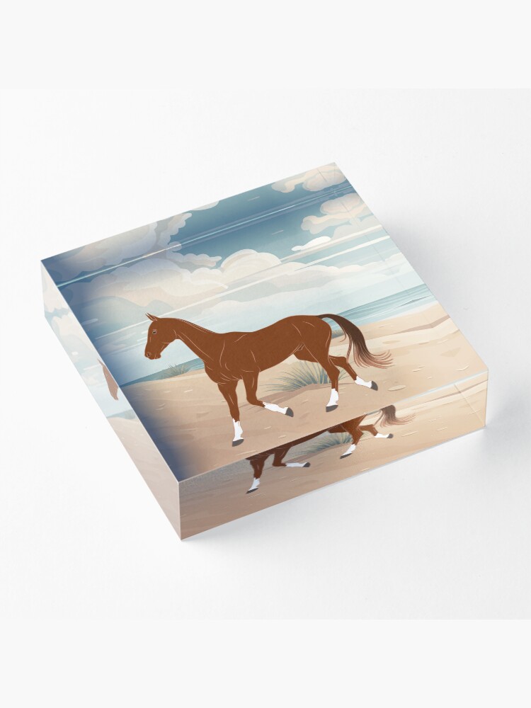 Aperçu 3 sur 5. Bloc acrylique avec l'œuvre Cheval Akhal Téké, cheval alezan sur un fond de paysage, cheval de selle, races de chevaux du Turkménistan créée et vendue par WebEquitation.
