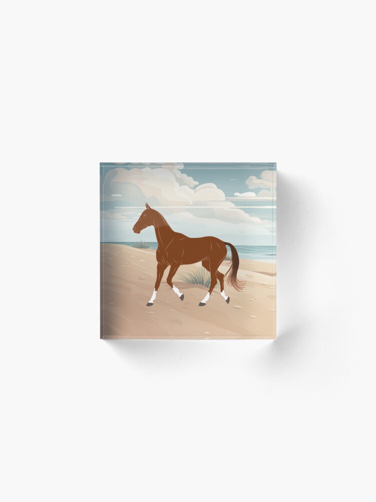 Aperçu 2 sur 5. Bloc acrylique avec l'œuvre Cheval Akhal Téké, cheval alezan sur un fond de paysage, cheval de selle, races de chevaux du Turkménistan créée et vendue par WebEquitation.