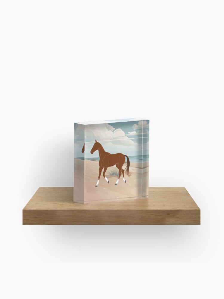Aperçu 1 sur 5. Bloc acrylique avec l'œuvre Cheval Akhal Téké, cheval alezan sur un fond de paysage, cheval de selle, races de chevaux du Turkménistan créée et vendue par WebEquitation.