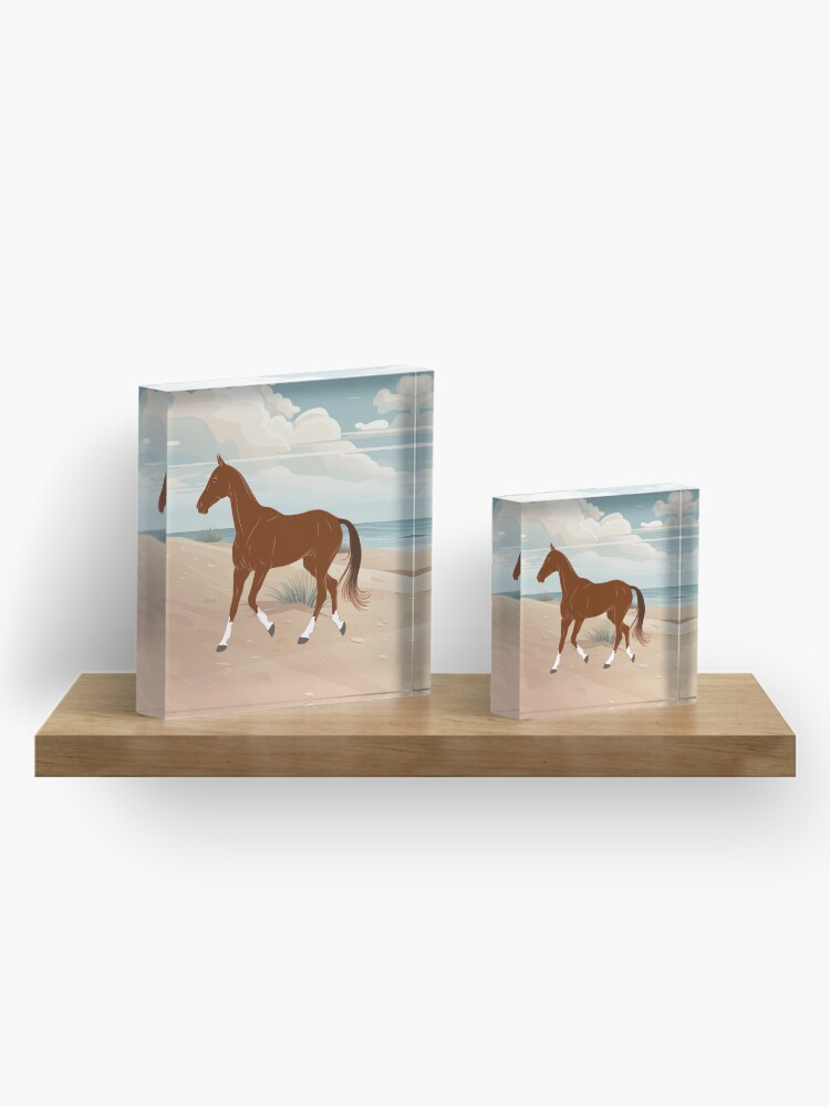 Aperçu 4 sur 5. Bloc acrylique avec l'œuvre Cheval Akhal Téké, cheval alezan sur un fond de paysage, cheval de selle, races de chevaux du Turkménistan créée et vendue par WebEquitation.