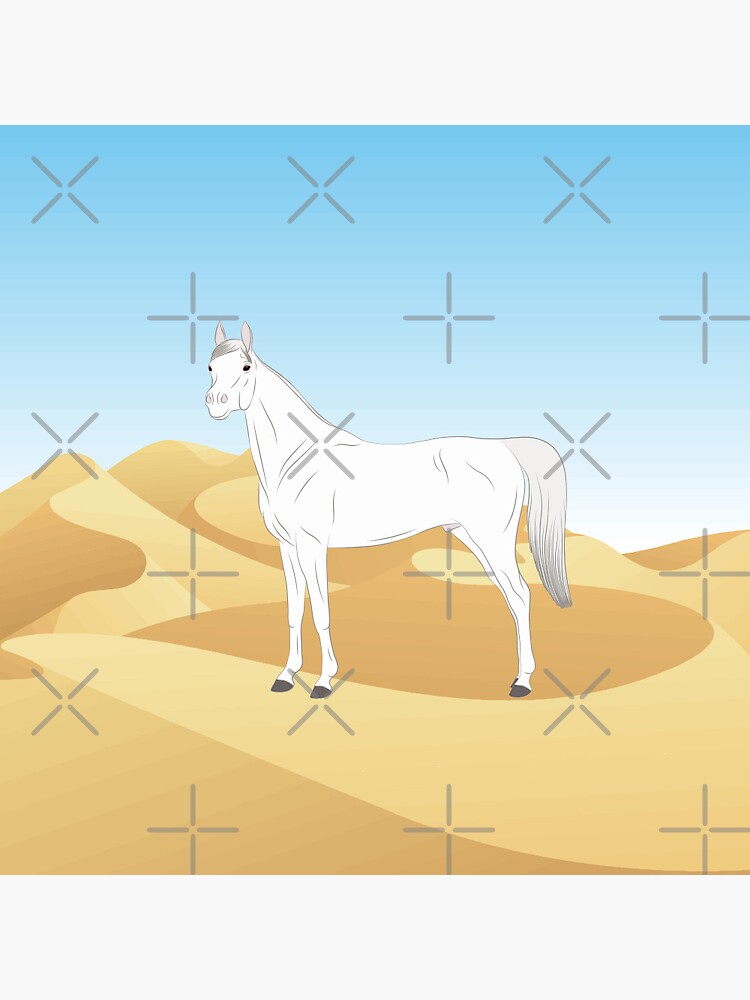 Aperçu 3 sur 3. Badge avec l'œuvre Cheval Abbayan, cheval blanc sur un fond de paysage, cheval oriental, races de chevaux du Yémen créée et vendue par WebEquitation.