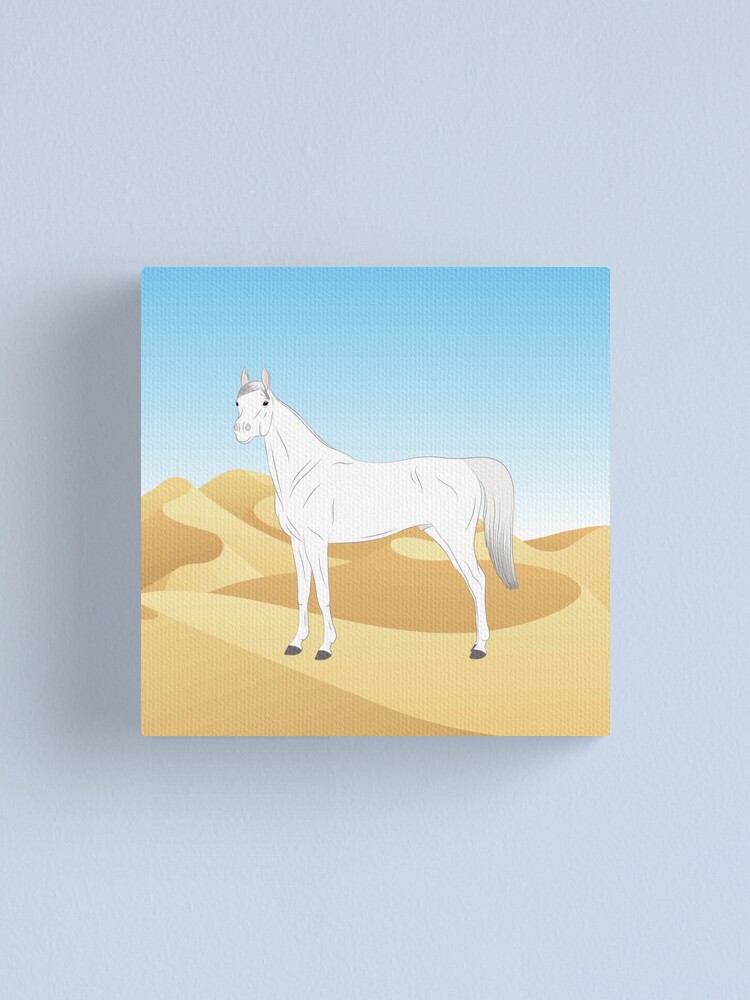 Aperçu 2 sur 3. Impression sur toile avec l'œuvre Cheval Abbayan, cheval blanc sur un fond de paysage, cheval oriental, races de chevaux du Yémen créée et vendue par WebEquitation.