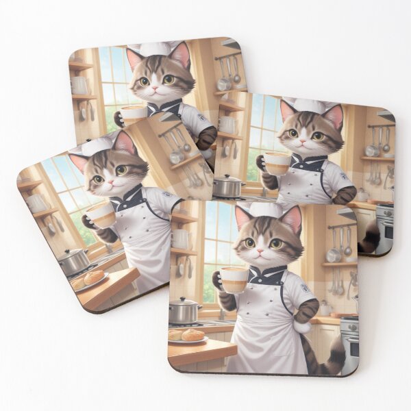 Item preview, Adorable Chef Cat with Coffee – Cute Barista Feline in Cozy Kitchen  designed and sold by artiviohub.