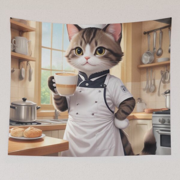 Item preview, Adorable Chef Cat with Coffee – Cute Barista Feline in Cozy Kitchen  designed and sold by artiviohub.